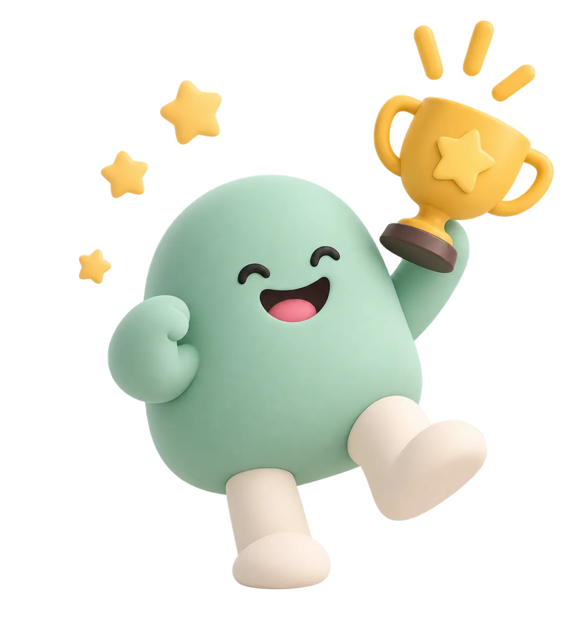 Bloom holding up a small gold trophy, surrounded by stars.
